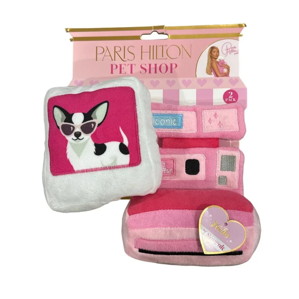 Paris Hilton Pet Shop 2-Pack Plush Dog Toys With Squeaker & Crinkle Pink & White